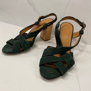 New, Never Worn, Sezane Green Suede and Cork Sandals, Size 39